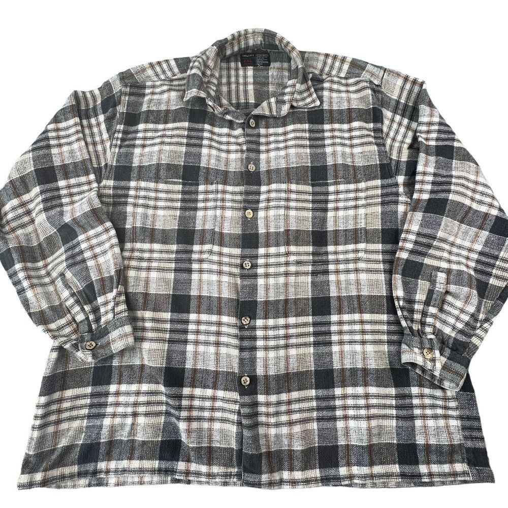 TRU FIT Mens Flannel Button Up Shirt Size 2XL XXL Gray White‎ Plaid Soft Comfy